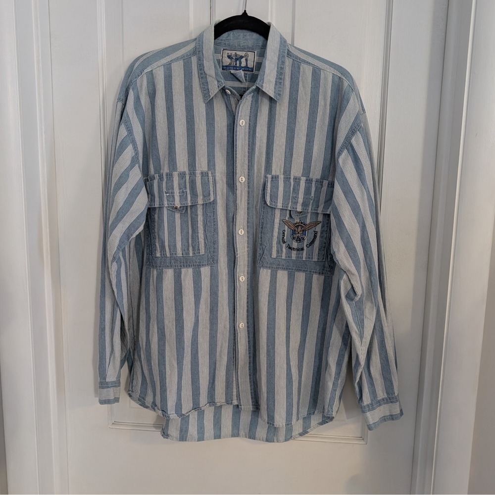 VTG Bugle Boy Mens Button Up Chambray Shirt MEDIUM Y2K Stripes Lightweight Blue
